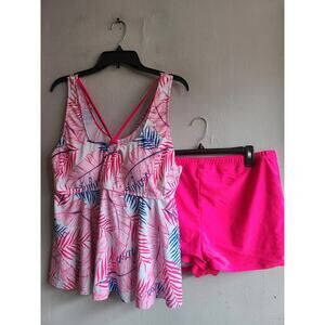 NEW women's XL 2X swim set empire waist tankini & shorts pink white floral